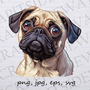 Pug de ojos grandes clipart vector gráfico svg png jpg eps, lindo pug, mamá pug, papá pug, pug mendigo, pug triste, amante de los perros, perro lindo