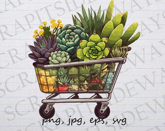 Succulents in a shopping cart clipart vector graphic svg png jpg eps cactus cacti