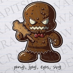 Evil gingerbread man clipart vector graphic svg png jpg eps t-shirt design sticker design Christmas cookie angry cookie