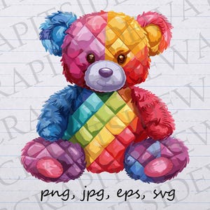 Rainbow patchwork teddy bear clip art clipart vector graphic svg png jpg eps, stuffed animal, stuffie