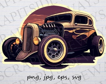 May include: A vintage hot rod car with a yellow and black flame paint job. The car has a large engine and is set against a sunset background.