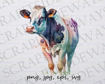 Watercolor Cow clipart vector graphic svg png jpg eps farm animal bovine