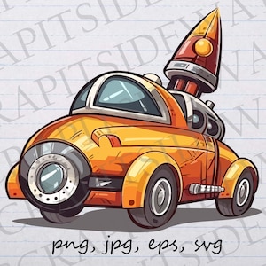 rocket car clip art clipart vector graphic svg png jpg eps, sci fi car, future car, whimsical car, futuristic car, flying car