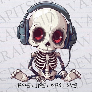 Esqueleto Chibi com fones de ouvido clip art clipart vetor gráfico svg png eps adesivo design camiseta design caveira assustador fofo hip hop esqueleto