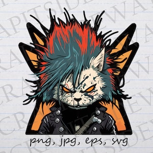 May include: A stylized illustration of a cat with a punk rock aesthetic. The cat has orange eyes, a black leather jacket, and teal and red hair. The image is set against a black and orange triangle with the text "png, jpg, eps, svg".