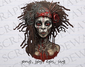 Könnte beinhalten: Eine digitale Illustration einer Frau mit einem schädelartigen Gesicht, einem roten Bandana und langen, dunklen Dreadlocks. Ihre Augen sind rot und sie hat ein blutiges, skelettartiges Aussehen.