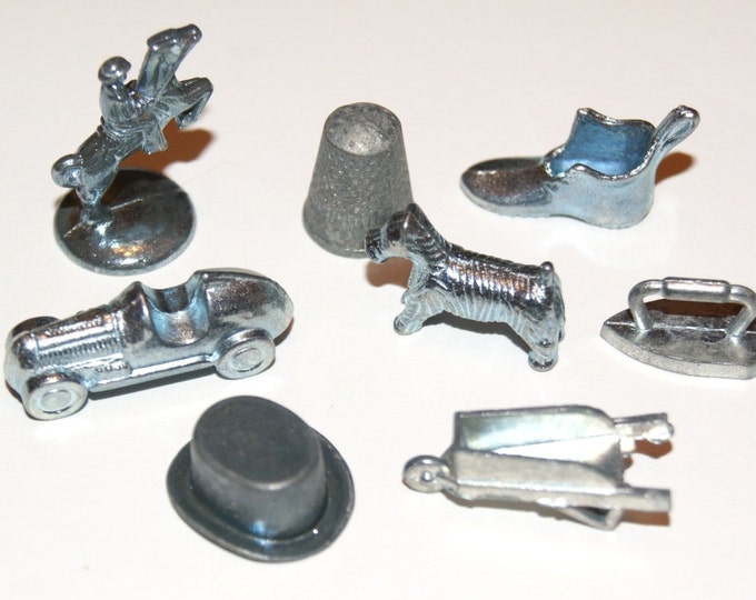 Lot of 8 Vintage Monopoly Metal Game Pieces Thimble Horse Top Hat Car