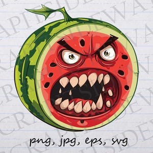Sandía enojada, imágenes prediseñadas, gráficos vectoriales, SVG, PNG, JPG, EPS, comida divertida, sandía graciosa, sandía enojada, sandía gruñona, malvada