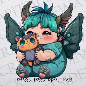 Könnte beinhalten: Eine Cartoon-Illustration einer blauen und grünen Fee mit großen Schmetterlingsflügeln, die ein kleines orangefarbenes und blaues Plüschtier hält. Die Fee hat einen großen Kopf, große Augen und einen kleinen Mund. Die Fee trägt ein blaues und grünes Outfit mit einem weißen Kragen.