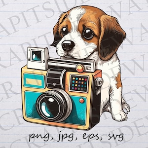 Dog with vintage camera clipart vector graphic svg png jpg eps sticker design t-shirt design retro camera puppy dog