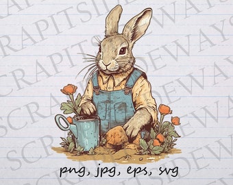 Vintage Rabbit gardener clip art clipart vector graphic svg png jpg eps, bunny gardener, bunny rabbit, bunny gardening, cute bunny rabbit