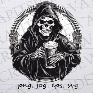 Mort prenant le thé clip art clipart vectoriel svg png jpg eps, mort drôle, faucheuse prenant un café, mort avant le décaféiné