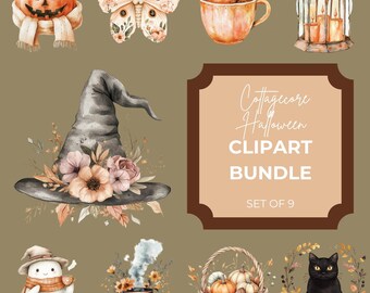 May include: Watercolor clipart bundle featuring Halloween-themed illustrations. Includes a jack-o'-lantern, witch's hat with flowers, a butterfly, a cup of tea with cinnamon sticks, a lantern, a snowman, a cauldron, a basket of pumpkins, and a black cat.