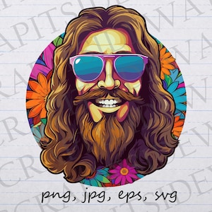 May include: A digital illustration of a man with long brown hair and a beard wearing sunglasses. He is smiling and surrounded by colorful flowers. The image is in a circle shape.