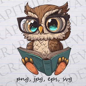 Chouette lisant un livre clipart vectoriel svg png jpg eps sticker design hibou sage