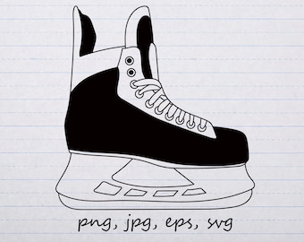 May include: A black and white line drawing of a hockey skate. The skate has a black boot with white laces and a white tongue. The blade is white with black details.