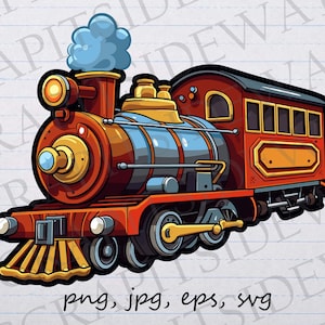 May include: A cartoon illustration of a red, yellow, and blue steam train with a plume of smoke coming from the chimney. The train has a passenger car with windows and a sign on the side.