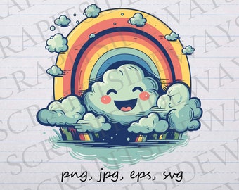 Happy Rainbow with clouds clip art clipart vector graphic svg png jpg eps, happy sky, cute rainbow, cute clouds, rainy sky