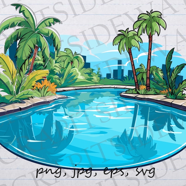 Pool oasis clip art clipart vector graphic svg png jpg eps, summer, swimming pool, tropical pool, backyard pool