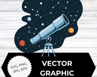 Telescoop-clipart met nachtelijke hemel en sterrenbeelden | Astronomie svg png eps jpeg | Digitale ruimtedownload | Illustraties sterrenkijken