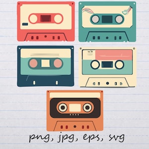 lote de 5 cintas de casete vintage clipart gráficos vectoriales y elementos svg png jpg eps música cinta retro
