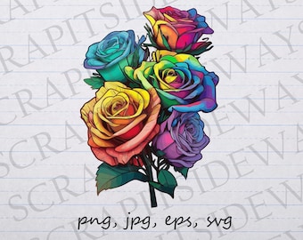 Rainbow roses clipart vector graphic svg png jpg eps florals botanicals colorful multicolor