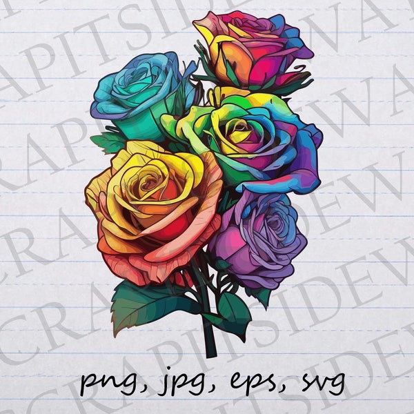 Rainbow roses clipart vector graphic svg png jpg eps florals botanicals colorful multicolor