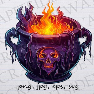May include: A purple cauldron with a skull design and flames inside. The cauldron has a handle on each side and is dripping with a dark liquid.
