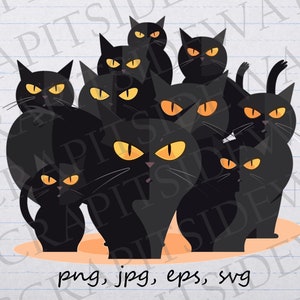 Puede incluir: Un grupo de nueve gatos negros con ojos amarillos se acurrucan juntos sobre un fondo de color melocotón. Los gatos están todos mirando hacia adelante con las orejas levantadas.