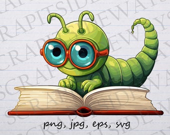 Bookworm clipart vector graphic svg png jpg eps sticker design book worm reading a book cute bookworm