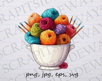 Yarn bowl clipart vector graphic svg png jpg eps, knitting, crochet, yarn stash, yarn hoard, yarn stash