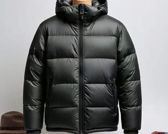 Chaqueta acolchada negra elegante con capucha: prenda esencial de invierno con aislamiento y cremallera frontal. "La chaqueta acolchada Stealth: calidez bajo cero en negro ultramate".