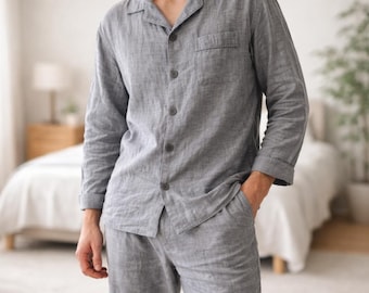 Pijama gris de algodón para hombre: 100 % algodón, ropa de dormir suave y ropa de estar por casa.