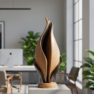 May include: A vertical sculpture featuring two interlocking, flame-shaped wooden components. The outer section is crafted from light-toned wood with a visible grain, while the inner section is a dark, smooth material. It rests on a circular base.