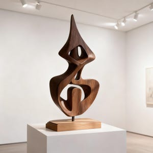 May include: A dark brown wooden sculpture with an abstract design. The sculpture has a tall, pointed top and a series of curved, open shapes. It is mounted on a light brown wooden base and displayed on a white pedestal.