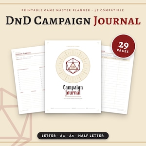 Pode incluir: Um diário de campanha de DnD imprimível de 29 páginas compatível com 5e. A capa apresenta um ícone de dado de 20 lados vermelho dentro de um círculo dourado e o texto Campaign Journal. Inclui páginas de planeamento e rastreio nos formatos Letter, A4, A5 e Half Letter.