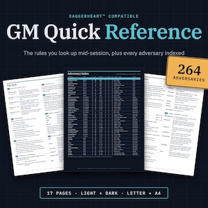 Puede incluir: Una guía de referencia rápida para GM compatible con Daggerheart que incluye 17 páginas de reglas y un índice de adversarios. El documento contiene una tabla con 264 adversarios, impresa en fondos claros y oscuros en tamaños Letter y A4.
