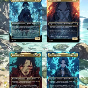 Puede incluir: Cuatro cartas de Magic: The Gathering con Fire Lord Azula, una Criatura Legendaria - Noble Humano. Cada carta tiene una ilustración diferente de Azula con diferentes combinaciones de colores y fondos. Las cartas tienen una fuerza y resistencia de 4/4.