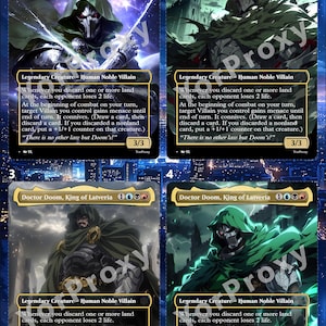 May include: Four Magic: The Gathering cards featuring Doctor Doom, King of Latveria. Each card depicts a different illustration of the character in a green hooded cloak and mask. The cards have text describing the character's abilities and are labeled as a Legendary Creature - Human Noble Villain.