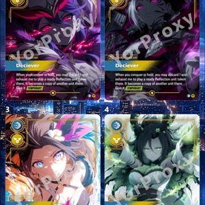 Könnte beinhalten: Vier Sammelkarten mit der Aufschrift Deciever, die jeweils eine einzigartige Anime-Charakterillustration zeigen. Die Karten enthalten Text zu den Spielmechaniken, einschließlich des Satzes: When you conquer or hold, you may discard 1 and exhaust me to play a ready Reflection unit token there. It becomes a copy of another unit there. Give it TEMPORARY.