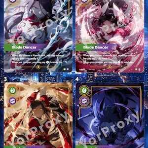 May include: Four trading cards labeled Blade Dancer, each featuring a unique anime-style character illustration in blue, red, gold, and dark purple color palettes. Each card displays game text, resource icons, and the watermark YorProxy across the art.