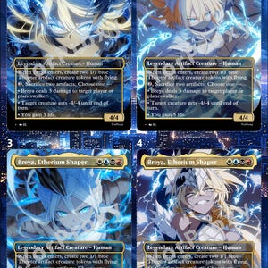 May include: Four trading cards titled Breya, Etherium Shaper, each featuring a different anime-style illustration of a character surrounded by blue energy. The cards display game text, mana symbols, and a 4/4 power and toughness rating at the bottom.