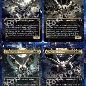 May include: Four Magic: The Gathering cards featuring "The Wise Mothman," a Legendary Creature - Insect Mutant. Each card shows a detailed illustration of the Mothman with a night sky background. The cards have a 3/3 power and toughness.