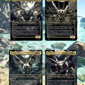 May include: Four trading cards featuring "The Wise Mothman," a Legendary Creature - Insect Mutant. Each card has a unique illustration of the moth-like creature with a detailed, dark color palette. The cards include text describing the creature's abilities and stats.