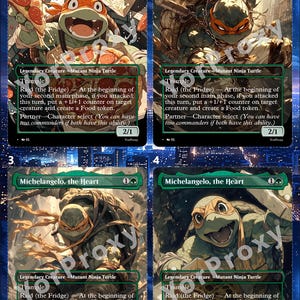 Puede incluir: Cuatro cartas coleccionables con Michelangelo, the Heart, una tortuga ninja mutante verde. Cada carta muestra el nombre, coste de maná, tipo de criatura legendaria, habilidad arrollar, texto de incursión, habilidad compañero y fuerza/resistencia 2/1.