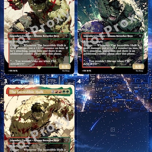 May include: Four trading cards featuring The Incredible Hulk, a Gamma Berserker Hero. Each card displays a different action pose of the Hulk, with a green and red color scheme. The cards have text and a power/toughness of 8/8.