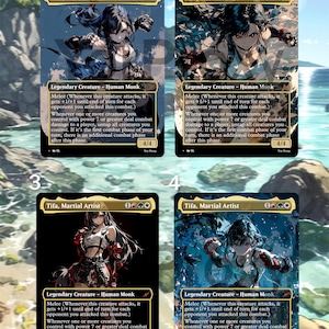 May include: Four trading cards featuring the character Tifa, Martial Artist. Each card displays a different illustration of the character, with a black border and gold accents. The cards are labeled "Legendary Creature - Human Monk" and include game text.