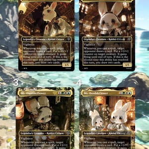 May include: Four Magic: The Gathering trading cards featuring Ms. Bumbleflower, a Legendary Creature Rabbit Citizen. Each card has a unique illustration of a rabbit in a kimono. The cards have a gold and black border with text describing the card's abilities.