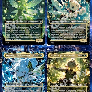 May include: Four Magic: The Gathering cards featuring Maralen, Fae Ascendant. Each card shows a different illustration of a fairy-like creature with green, white, and blue colours. The cards are labelled as Legendary Creature - Elf Faerie Noble.
