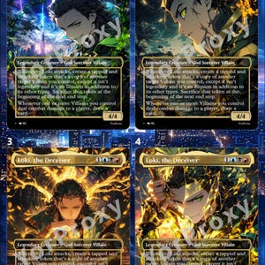 Può includere: Quattro carte collezionabili intitolate Loki, the Deceiver, ognuna con un'illustrazione in stile anime di un personaggio dagli occhi verdi. Le carte mostrano testo di gioco, forza e costituzione 4/4 e un costo di mana blu, nero e rosso.